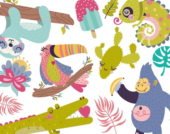 Tropical Clipart Images, Cute Tropical Animals Clip Art Graphics, Gorilla Clipart, Alligator Clipart, Cute Sloth, Toucan, Chameleon Clipart