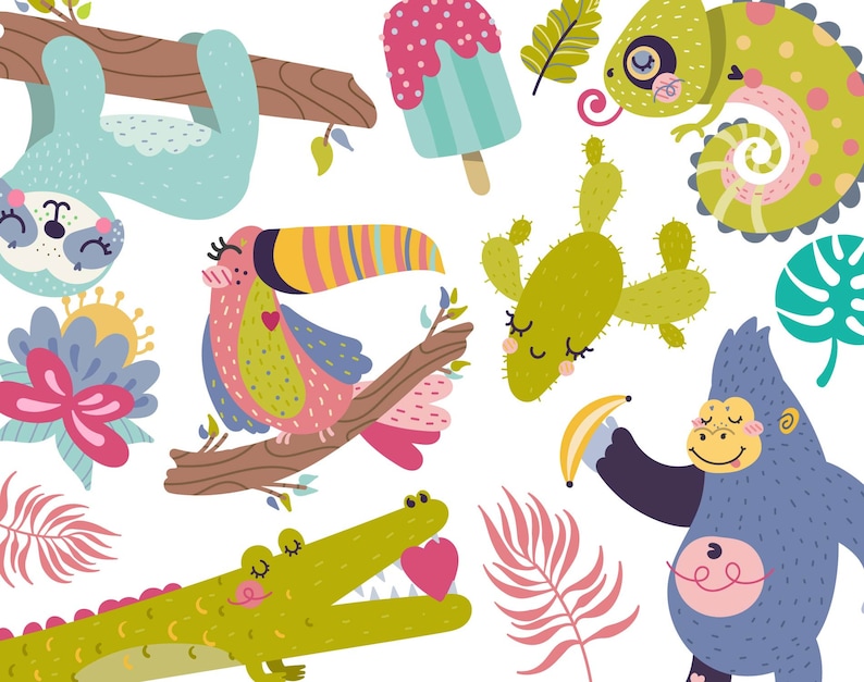 May include: A colorful illustration featuring a variety of jungle animals, including a sloth, toucan, chameleon, cactus, gorilla, crocodile, and a popsicle. The animals are all smiling and have large eyes. The illustration is set against a white background.