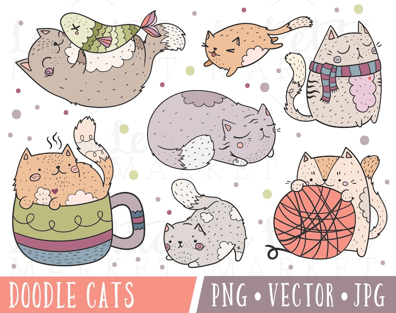 May include: A set of ten digital illustrations of cute cartoon cats in various poses. The cats are drawn in a doodle style with simple lines and bright colors. The cats are holding objects such as a fish, a ball of yarn, and a cup of coffee. The illustrations are perfect for use in scrapbooking, card making, and other creative projects.