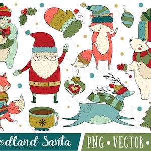 Cute Hand Drawn Santa Clipart Images, Woodland Santa Illustration Set, Santa and Animals Clipart Set, Christmas Animals Clipart Vector PNG