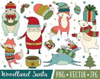 Cute Hand Drawn Santa Clipart Images, Woodland Santa Illustration Set, Santa and Animals Clipart Set, Christmas Animals Clipart Vector PNG