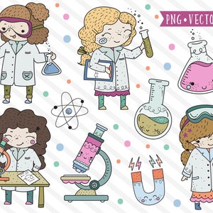 May include: A set of colorful illustrations featuring girls dressed as scientists with lab coats, goggles, and beakers. The illustrations also include a microscope, a magnet, and an atom symbol.