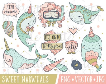 Sweet Narwhal Clipart Images, Narwhal Clip Art Illustrations, Digital Narwhal Stickers, Nursery Clipart, Clip Art for Girls, Pink Mint Gold