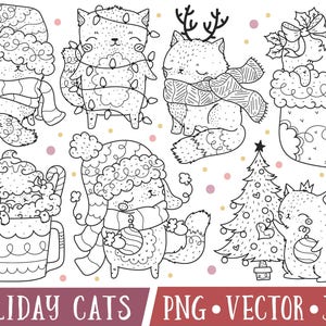 Weihnachten Katze Clipart Bilder, Süße Katze Urlaub Clipart, Weihnachten Katze Digitale Stempel, handgezeichnete Katze Clipart, Handgezeichnete Clipart, Linie PNG
