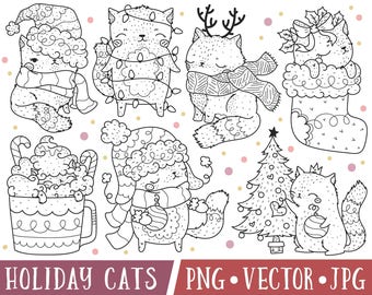 Images de clipart de chat de Noël, clipart de vacances de chat mignon, timbres numériques de chat de Noël, clipart de chat dessiné à la main, clipart dessiné à la main, ligne PNG