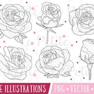 Hand Drawn Rose Clipart Images, Rose Digital Stamps, Flower Digital Stamps, Pretty Rose Line Clipart, Rose Illustration Set, Rose Vectors