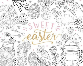 Easter Clipart Bundle Digital Instant Download, Easter Bunny Clip Art Digital Stamps, PNG JPG, Spring, Rabbit, Easter Eggs, Sheep, Alpaca