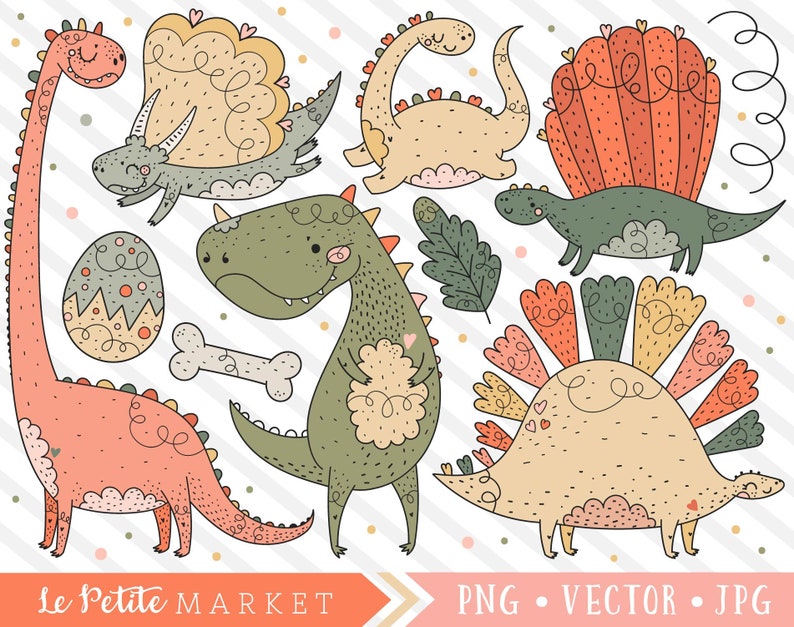 May include: A set of nine colorful cartoon dinosaur illustrations. The dinosaurs are drawn in a whimsical style with hearts, swirls, and other decorative elements. The set includes a stegosaurus, a brachiosaurus, a triceratops, a pterodactyl, and a dinosaur egg.