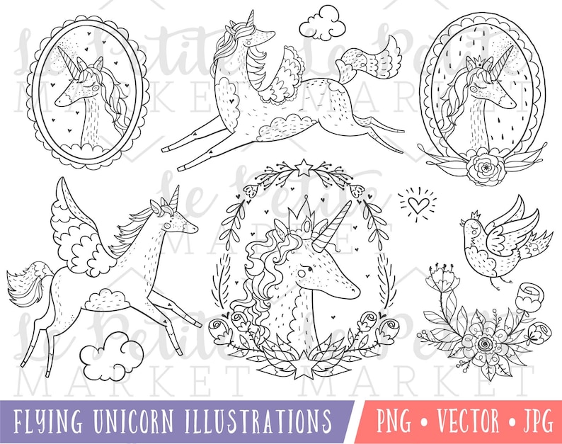 Hand Drawn Unicorn Clipart Set, Cute Magical Unicorn Clipart, Whimsical Unicorns, Unicorn Portrait, Digital Clipart, Instant Download image 1