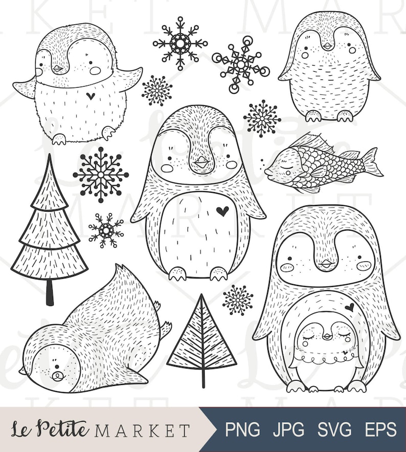以下が含まれることがあります： ペンギン、雪片、クリスマスツリーをモチーフにした白黒のイラストのセットです。ペンギンは立っている、泳いでいる、横になっているなど、さまざまなポーズをとっています。イラストは、クラフトプロジェクト、スクラップブッキング、デジタルデザインに最適です。