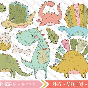 Insieme di Clipart di dinosauro, dinosauro Kawaii clipart progetta, carina Dino, disegnato a mano Clipart, Clipart preistorica, T-rex, scienza, archeologia