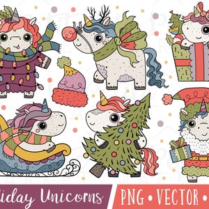 Cute Christmas Unicorn Clipart Images, Unicorn Santa Clipart, Cute Holiday Unicorns Clipart for Commercial Use, Cute Unicorn Clipart Set