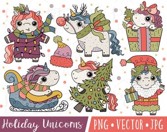 Cute Christmas Unicorn Clipart Images, Unicorn Santa Clipart, Cute Holiday Unicorns Clipart for Commercial Use, Cute Unicorn Clipart Set