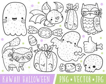 Kawaii Halloween Clipart, Cute Halloween Clipart, Halloween Clip Art, Cute Halloween Digital Stamps, Kawaii Halloween Digistamps Digi Stamps