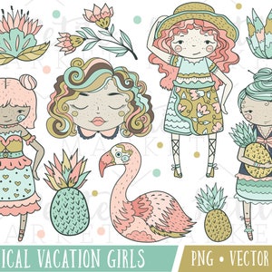 Tropical Vacation Clipart Images, Summer Girls Clip Art, Hawaiian Clipart, Fashion Girls Clip Art, Flamingo Clipart, Luau Girls Clipart Set