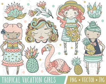 Tropical Vacation Clipart Images, Summer Girls Clip Art, Hawaiian Clipart, Fashion Girls Clip Art, Flamingo Clipart, Luau Girls Clipart Set