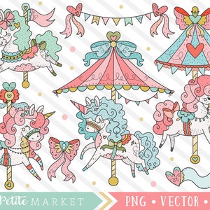 Cute Carousel Clipart Set, Unicorn Graphics, Unicorn Carousel Clip Art, Carnival Unicorns, Kawaii Clipart, Merry-Go-Round State Fair
