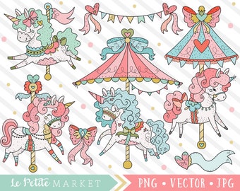 Cute Carousel Clipart Set, Unicorn Graphics, Unicorn Carousel Clip Art, Carnival Unicorns, Kawaii Clipart, Merry-Go-Round State Fair