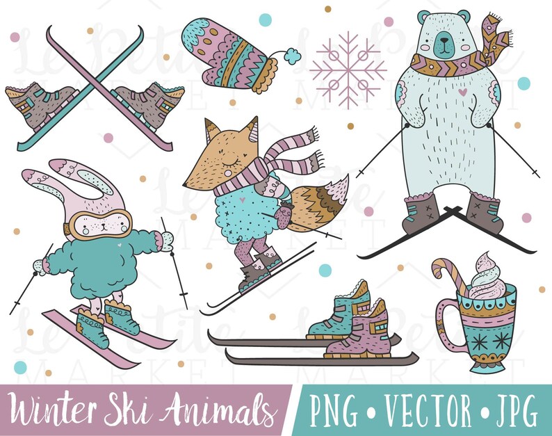 May include: A set of winter ski animal illustrations featuring a bunny, fox, polar bear, and a pair of ski boots. The animals are wearing winter clothing and are skiing down a snowy hill. The illustrations are in a cartoon style and are perfect for use in a variety of winter-themed projects.