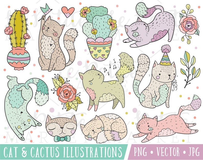 Cat and Cactus Clip Art Images, Cute Cat Clipart, Cat Illustrations, Cactus Clip Art Images, Succulents, Printable Stickers image 1