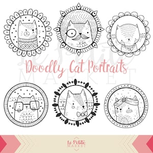 Chat mignon Portraits des Images Clipart, à la main des animaux chat dessiné Illustrations, Portraits de chat bizarre, Hipster, Hipster ringard chat Clip Art