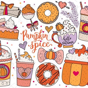 Automne alimentaire Clipart ensemble, épices citrouille clipart Images Illustrations, épices citrouille Clipart ce dernier café Donut, tarte au potiron cannelle automne