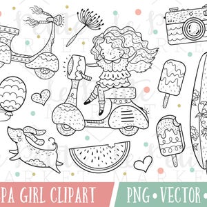 Hand getrokken leuk Vespa meisje Clipart ingesteld, Vespa digitale postzegels, Vintage zomer Clipart illustraties, watermeloen Surfboard Scooter Clipart
