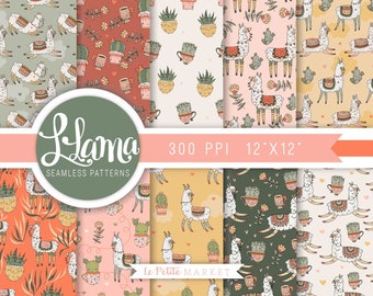 Llama Digital Paper Designs, Alpaca Digital Paper, Llama Background, Alpaca Background, Cactus Patterns, Cactus Digital Paper Pack Printable