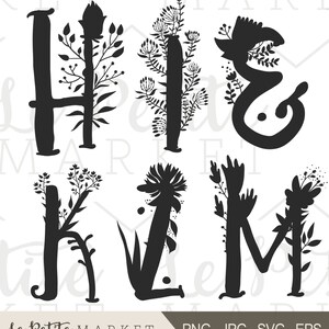 May include: Black and white silhouette of the letters 'HIKM' with floral designs incorporated into the letters.