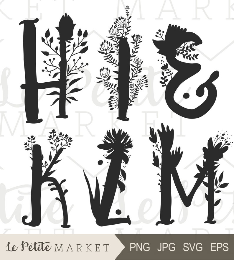 May include: Black and white silhouette of the letters 'HIKM' with floral designs incorporated into the letters.