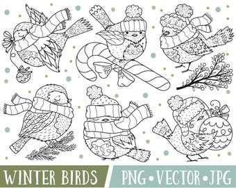 Op de afbeelding: Zwart-witte lijntekeningen van zes wintervogels die sjaals en hoeden dragen. De vogels staan in verschillende poses, sommige zitten op takken, andere houden snoepstokken of ornamenten vast. De illustraties zijn perfect voor winterse knutselprojecten, scrapbooking of digitaal ontwerp.