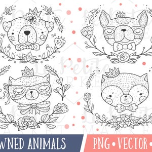Crowned Dog and Cat Clipart Images, Pug Clipart, French Bulldog Clipart, Cat Portraits Clip Art, Cat Clip Art, Cat and Dog Clip Art, Vector