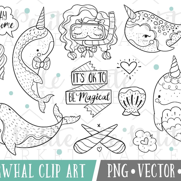 Doodle Narwhal Clipart Images, Magical Narwhal Clip Art, Magical Clipart, Whimsical Clip Art, Narwhal Digital Stamps, Narwhal Drawings