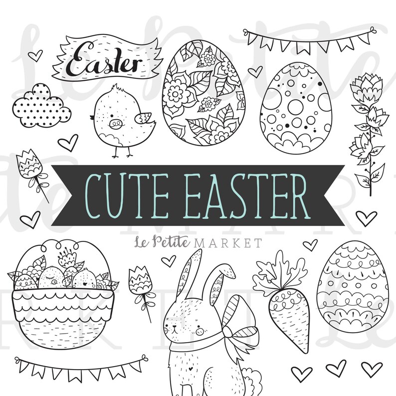 K&ouml;nnte beinhalten: Schwarz-wei&szlig;e Strichzeichnungen von Ostern-Motiven, darunter ein Kaninchen, Eier, ein Korb mit Eiern, eine Karotte, ein Vogel, Blumen und ein Banner mit der Aufschrift "Cute Easter".