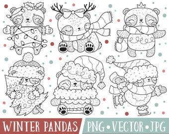 Kawaii Holiday Panda Clipart, Cute Panda Digital Stamps, Winter Panda Clipart, Christmas Panda Clip Art, Christmas Animal Clipart, PNG