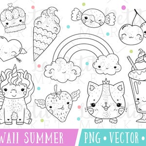 Kawaii Summer Clipart Set, Kawaii Digital Stamps, Kawaii Unicorn Clipart, Kawaii Candy and Ice-cream Clip Art, Kawaii Cat Clipart Vectors