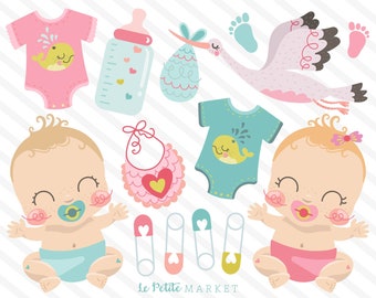 Lindo bebé imágenes prediseñadas imágenes, imágenes prediseñadas de chica de bebé, bebé niño Clip Art, Kawaii bebé conjunto de imágenes prediseñadas, cigüeña, mono gráfico, bebé ducha diseños infantiles