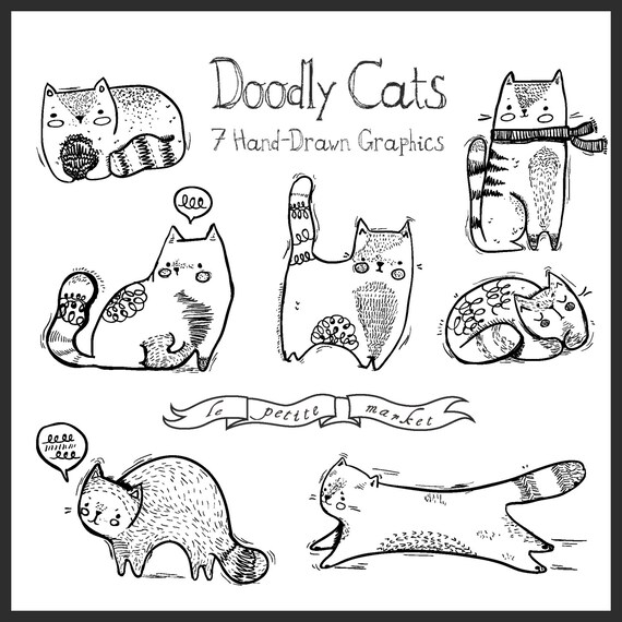 手描き猫イラスト ドゥードゥリー猫イラストクリップアート、手描き子猫グラフィック