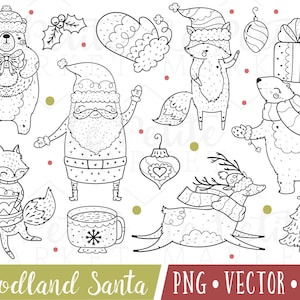 Woodland Santa digitale postzegels, schattige Santa digitale stempels, schattige Santa Clipart beelden, Vakantiewoningen Santa Clipart, Kerstmis ijsbeer Clipart PNG