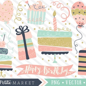 Birthday Clipart Set, Party Clip Art Graphics, Birthday Cake, Balloons, Heart Balloons, Cute Cake Clipart, Cupcake, Birthday Illustrations