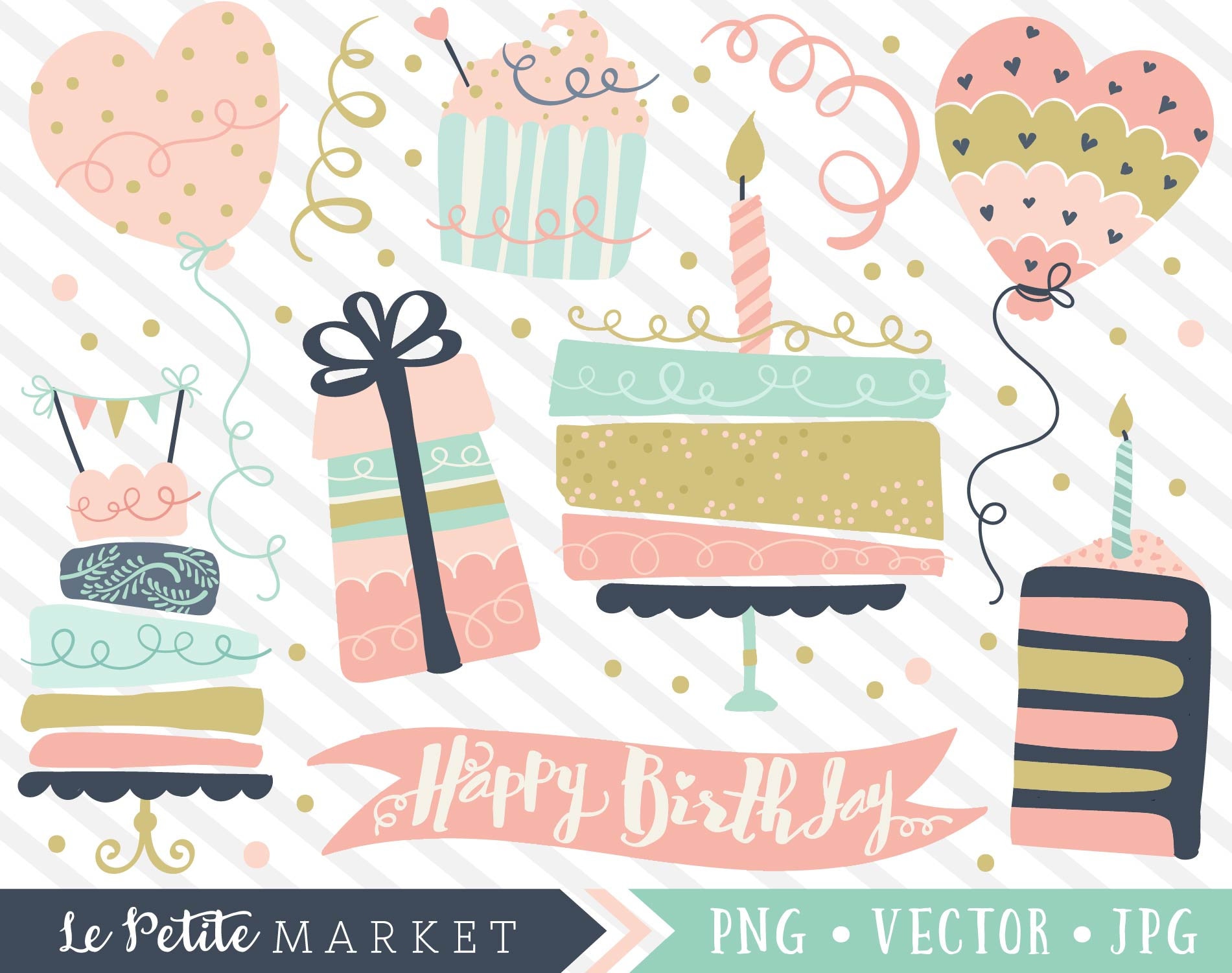 Birthday Clipart Set, Party Clip Art Graphics, Birthday Cake, Balloons, Heart Balloons, Cute Cake Clipart, Cupcake, Birthday Illustrations