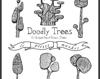 Hand Drawn Tree Clip Art Graphics in Black and White Line art doodle, Digital trees clipart set, Digital Download Printable