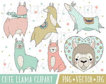 May include: Five cute llama illustrations in various poses. The llamas are pink, light blue, brown, and gray. The illustrations are on a white background with gold and pink polka dots.