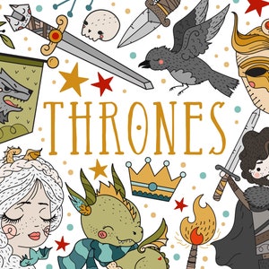May include: A colorful illustration with the word "THRONES" in the center. The illustration features a variety of symbols, including a wolf, a dragon, a crown, a sword, a raven, and a mask. The illustration is set against a white background with a polka dot pattern.