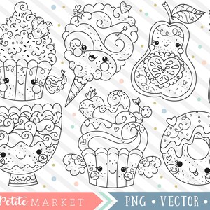Kawaii voedsel Clipart, schattige bakken Clipart, Dessert Clipart, schattige voedsel illustraties, Kawaii Cupcake Donut suikerspin, Kawaii digitale stempels