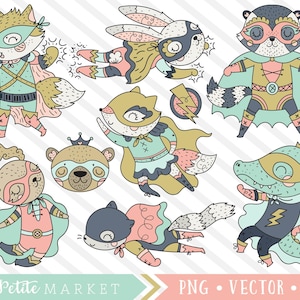Animal Superhero Clipart Images, Cute Superhero Animal Clip Art Set, Vintage colors, Super Raccoon, Fox Alligator Dog Bunny Clipart Vector