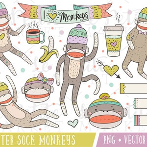 May include: Set of ten digital illustrations of sock monkeys wearing hats and accessories. The illustrations include a coffee cup, a banana, and a banner that says "I love monkeys".
