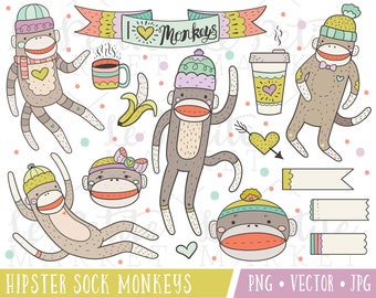 Hipster Sock Monkey Clipart Images, Sock Monkey Clip Art, Monkey Vector, Monkey Planner Graphics, Commercial Use Clip Art, Coffee Banana
