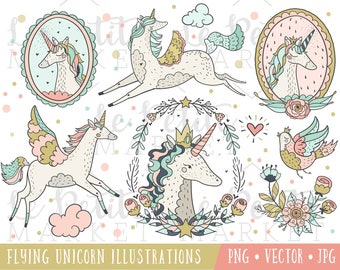 Hand Drawn Magical Unicorn Clipart Set, Unicorns with Wings, Pegasus Clip Art, Whimsical Unicorn Illustrations, Unicorn Clip Art Gold Pink