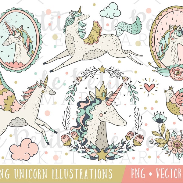 Hand gezeichnete magisches Einhorn Clipart Set, Einhörner mit Flügeln, Pegasus-ClipArt-Grafiken, skurrilen Einhorn Illustrationen, Einhorn Clip Art Gold Pink